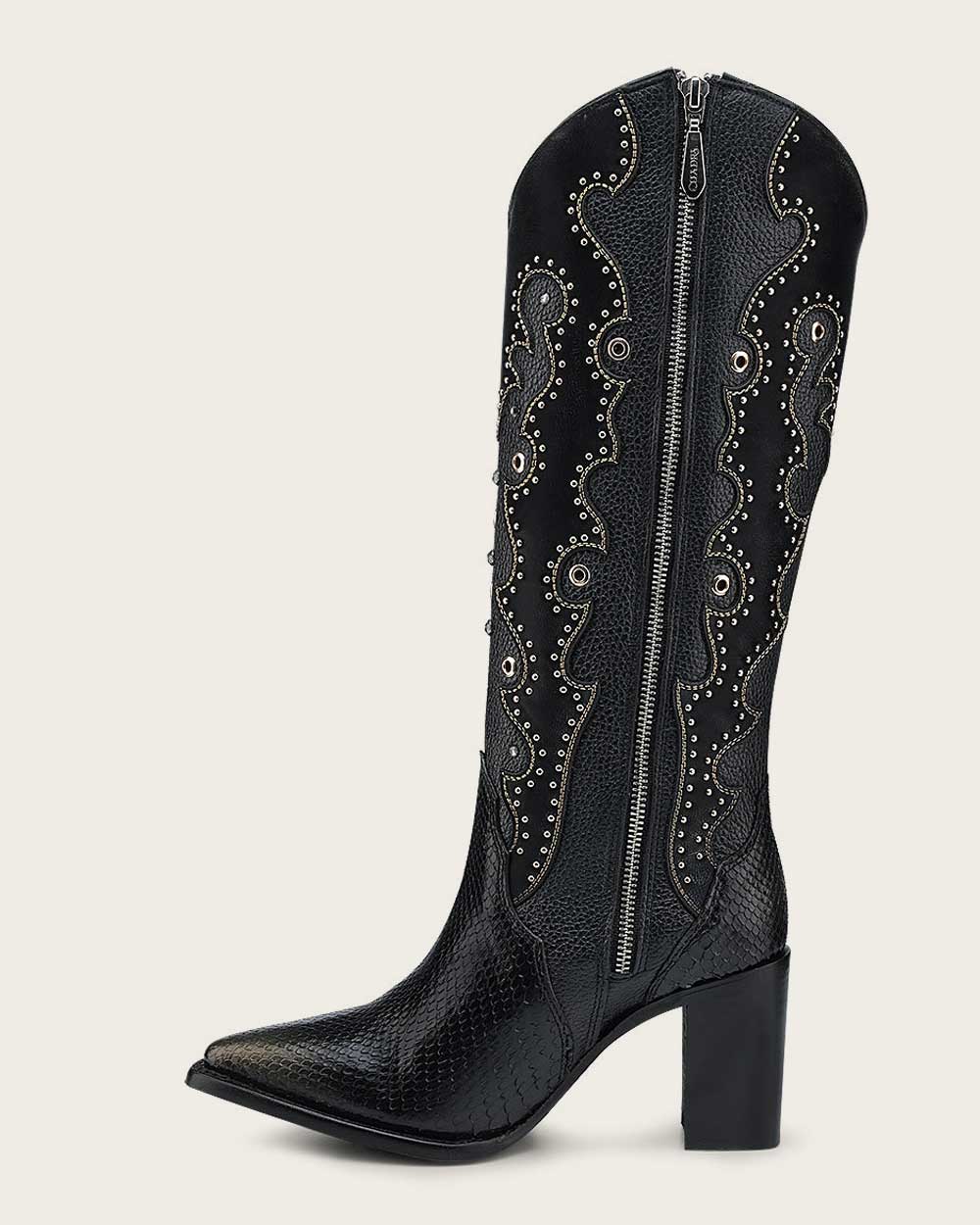 CUADRA Tall Black Exotic Python Western Style Boot CU869