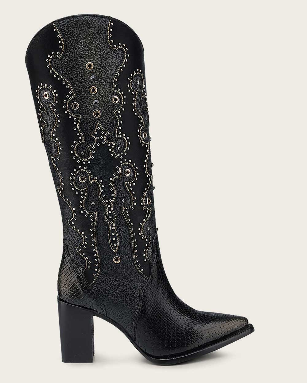 CUADRA Tall Black Exotic Python Western Style Boot CU869