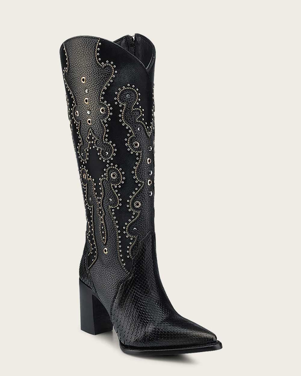 CUADRA Tall Black Exotic Python Western Style Boot CU869