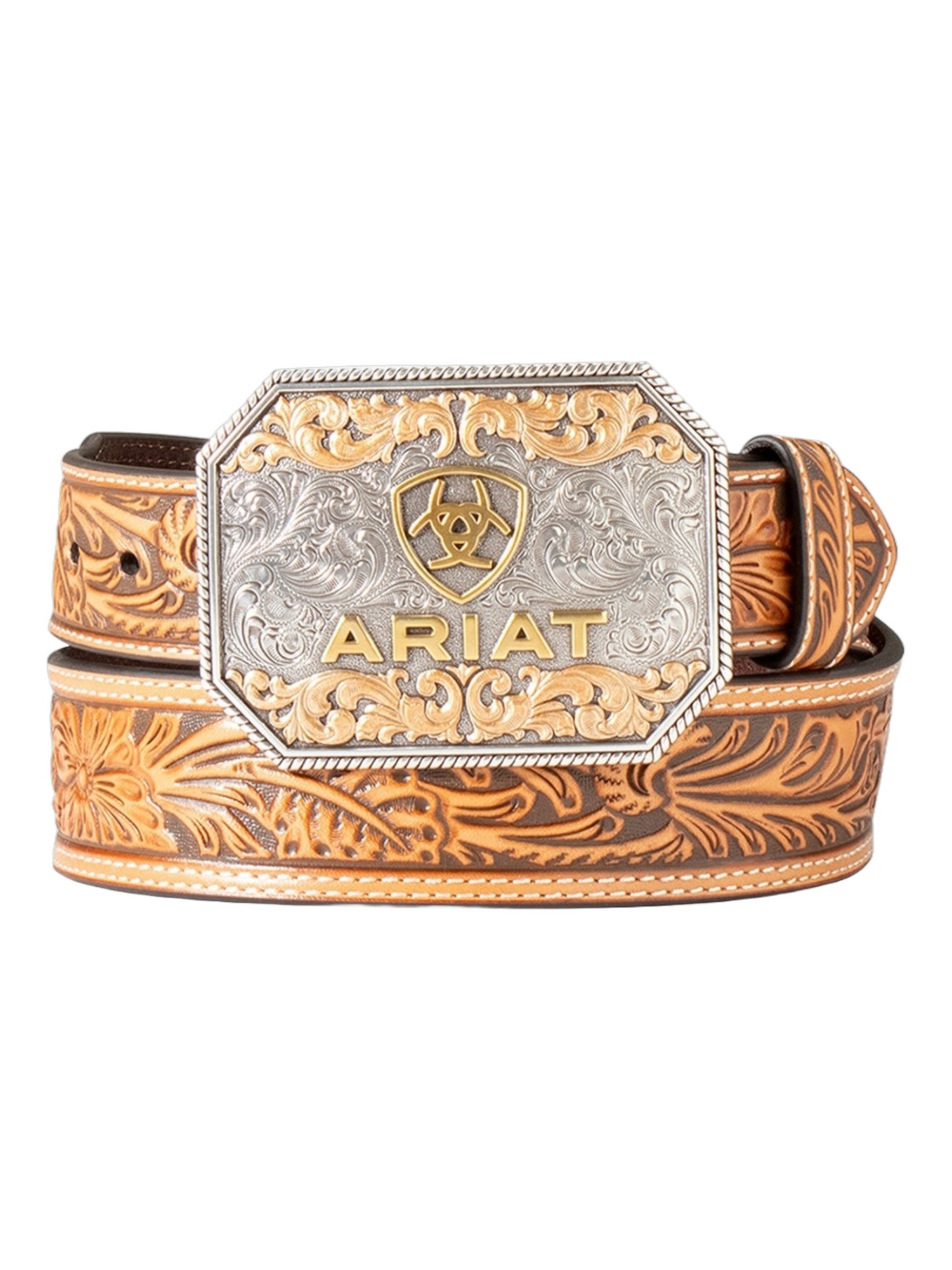 Ariat Men’s Tan Floral Embossed Leather Belt w/ Buckle