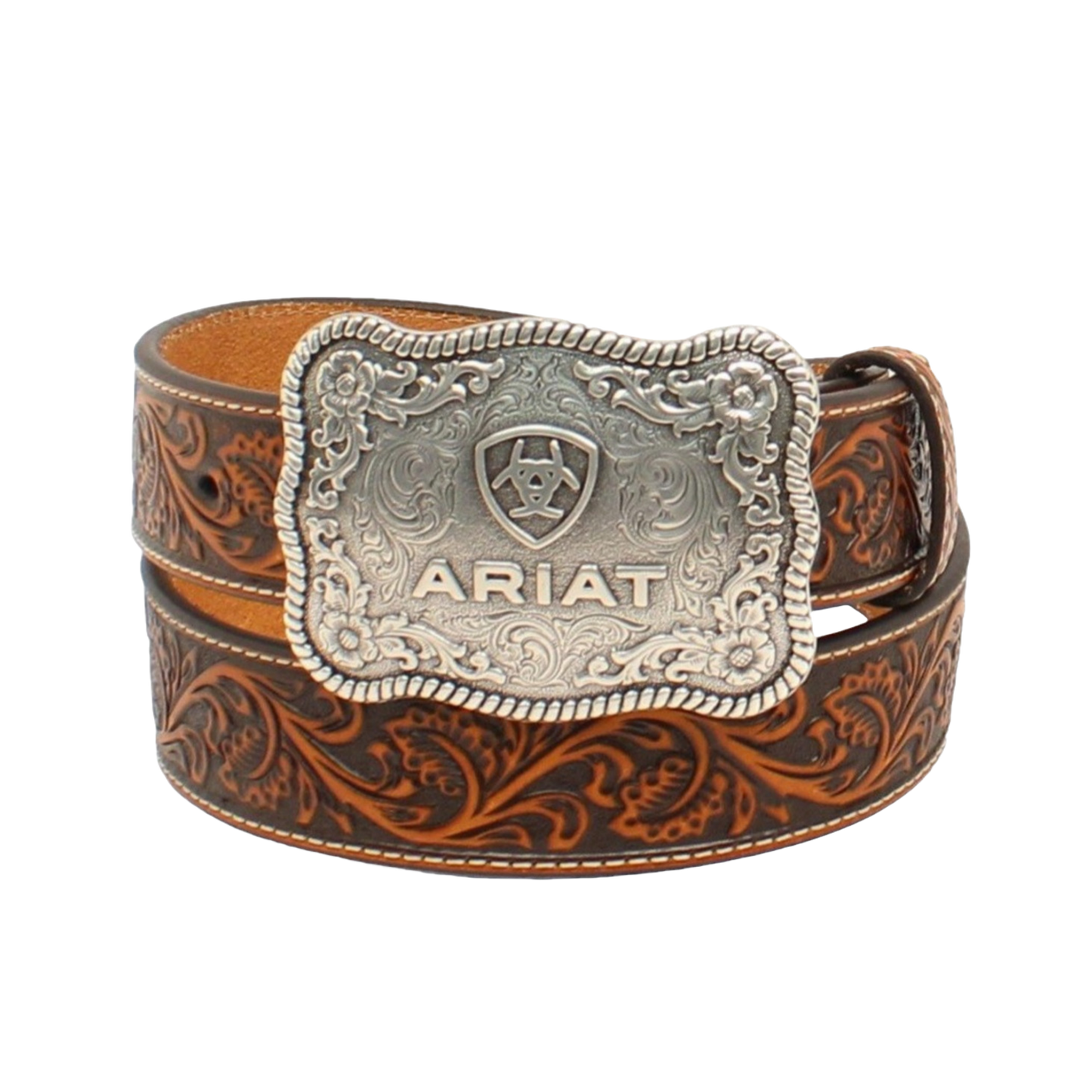 Ariat Men’s Cognac Floral Embossed Leather Belt W/Buckle