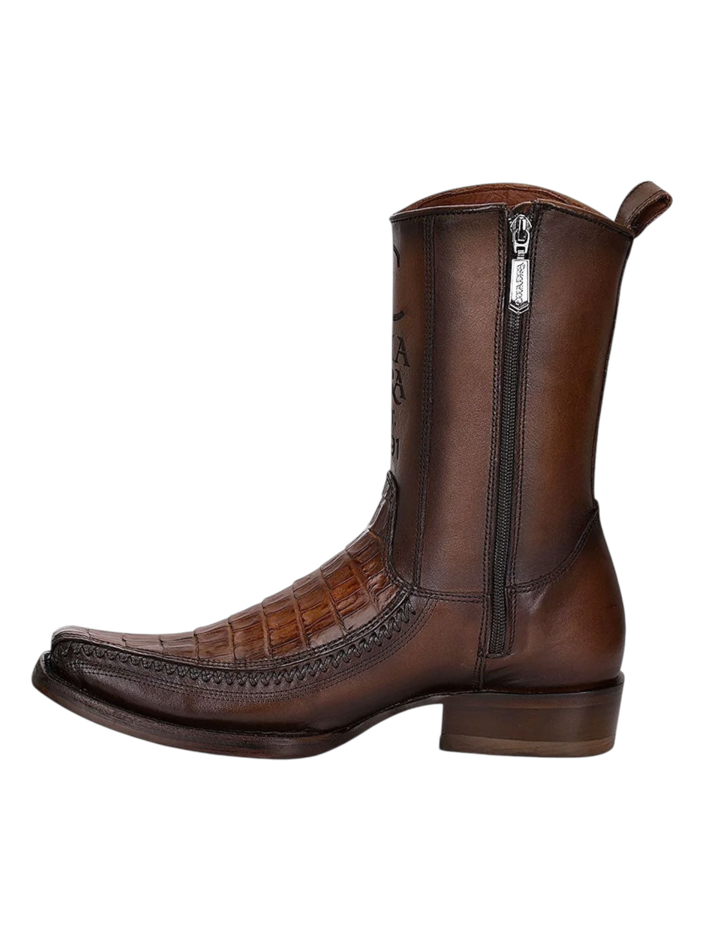 CUADRA Zipper Plunge Brown Caiman Laser & Woven Narrow Square Toe CU698