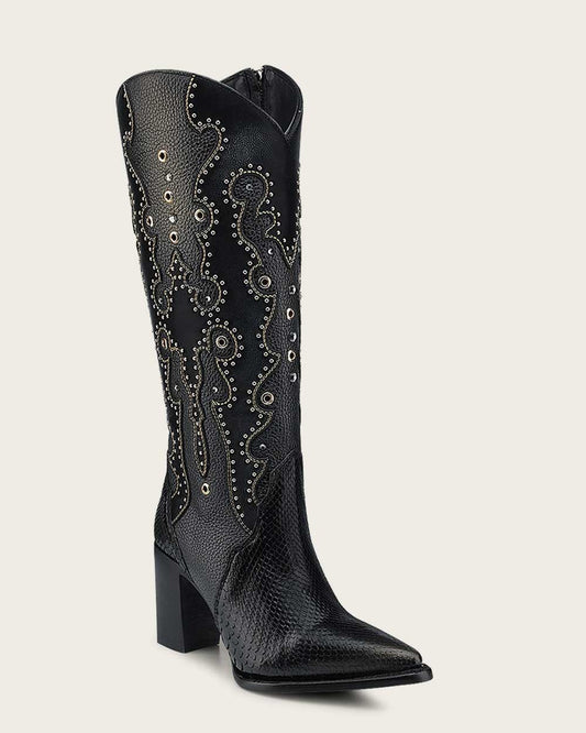 CUADRA Tall Black Exotic Python Western Style Boot CU869