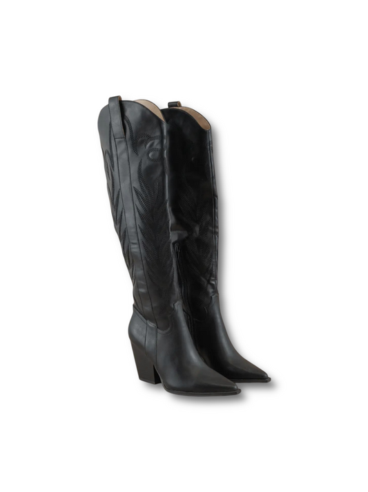 The Bronco Black Knee High Cowboy Western Boot