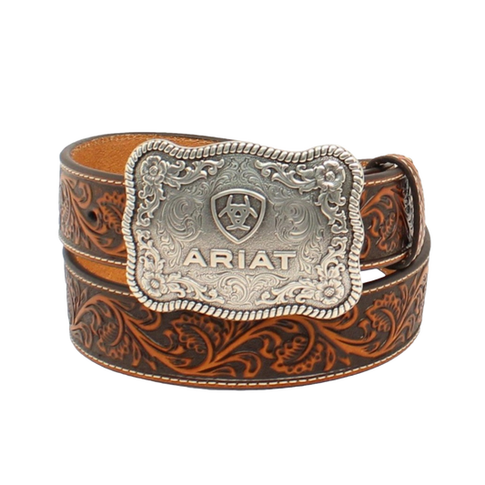 Ariat Men’s Cognac Floral Embossed Leather Belt W/Buckle